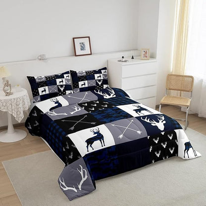 Manfei Camo Deer Antlers Comforter Set King Size,Geometric Plaid Patchwork Bedding 3pcs for Kids Teens Girls Boys Bedroom/Xmas Decor,Boho Arrows Quilt Set,Blue Grey Rustic Duvet Insert,2 Pillowcases
