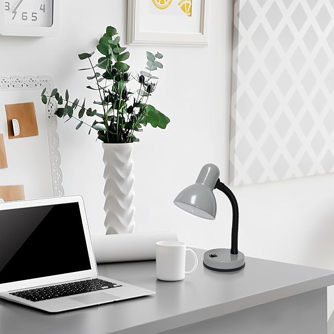 Simple Designs LD1003-SLV-LB 14.25" Basic Metal Desk Lamp with Flexible Hose Neck for Office, Living Room, Bedroom, College Dorm, Bookshelf, Silver, with Feit LED Bulb Included