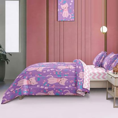 5 Piece Girls Cat Comforter Set Full Size Bed in A Bag Pink Cute Cartoon Cats Bedding Set for Kids Teens (1 Comforter, 1 Flat Sheet, 1 Fitted Sheet, 2 Pillowcases), Purple Pink