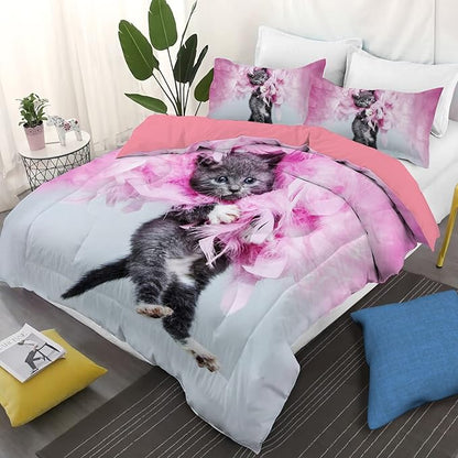 Cat Comforter Twin, Cat Bedding Set Twin Size for Kids, Cat Comforter Set for Girls and Boys, Pink Feathers Black Cat 3Pcs(1Summer Comforter+ 2 Pillowcases) Lovely Animal Pets Duvet Set
