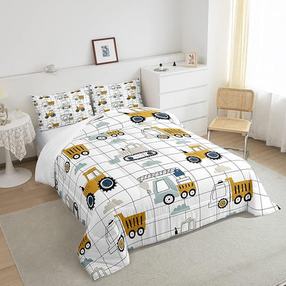 Feelyou Kids Cute Cars Bedding Set Boys Cartoon Truck Tractor Cargo Comforter Set Machinery Bulldozer Crane Comforter Black White Grid Duvet Set Bright Decor Quilt Twin Size Boys