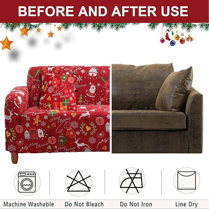 Mybedsoul Christmas Printed Sofa Cover Santa Claus Elastic Couch Cover Machine Washable Christmas Theme Red Sofa Slipcover for Living Room(2 Seater/Loveseat)