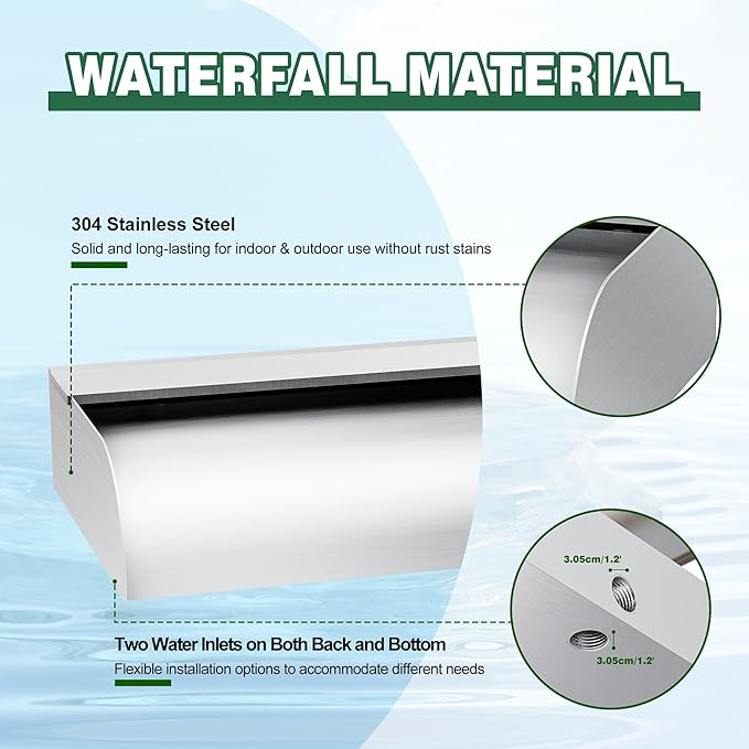 Pool Fountain Waterfall Spillway with Wider Water Flow Platform, Stainless Steel Waterfall with Pipe Connector Kits, Water Feature Spillway for Garden Decor, Patio, Ponds, 23."x11.8"x3.9"
