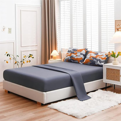 Meeting Story Camouflage Bedding Set, Colorful Pattern Style Comforter Set, 5 PCS One Comforter Two Pillowcases Two Sheets in One Bag, All Season Bedspread for Teens Adults (Orange, Queen 5Pcs)