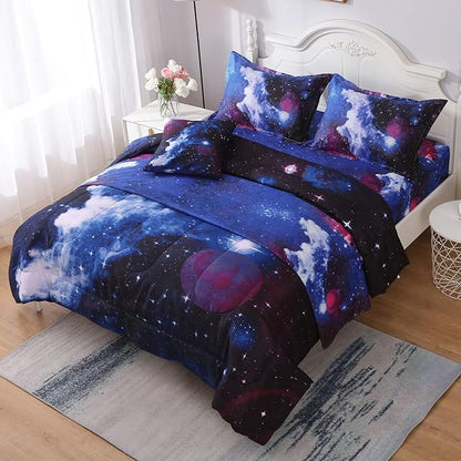 JQinHome Full Galaxy Comforter Sets 6 Piece Bed in A Bag, Outer Space Themed Bedding for Children Boy Girl Teen Kids - (1 Comforter, 1 Flat Sheet, 1 Fitted Sheet, 2 Pillowshams, 1 Cushion Cover)