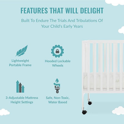 Quinn Full-Size Folding Crib In White, Removeable Wheels, Modern Nursey, Adjustable Mattress Support, Portable Crib, Patented Folding System