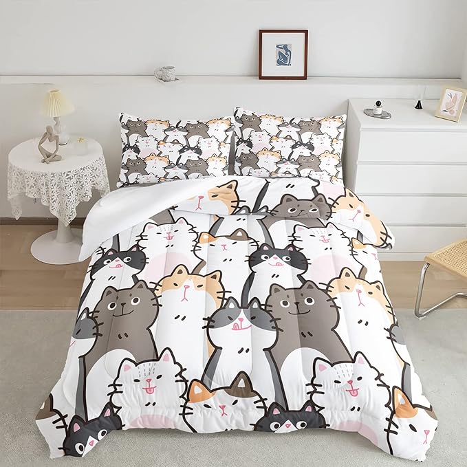 CVHOUSE Cat Bedding,Cartoon Cat Comforter Twin,Animals Print Comforter Set for Kids,Kawaii Quilt Set with 1 Comforter and 2 Pillow Cases