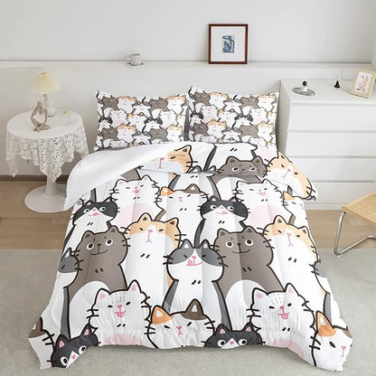 CVHOUSE Cat Bedding,Cartoon Cat Comforter Twin,Animals Print Comforter Set for Kids,Kawaii Quilt Set with 1 Comforter and 2 Pillow Cases