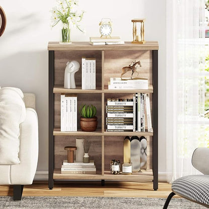 FATORRI Rustic 6 Cube Storage Organizer Shelf, Wood and Metal Cubby Bookcase, Industrial 4 Tier Cube Bookshelf (Rustic Oak)