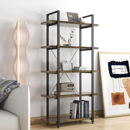 Panana 5 Tier Industrial Rustic Wooden Bookshelves, Vintage Open Wood and Metal Farmhouse Bookshelf Heavy Duty Storage Shelving Unit Rack (Brown)