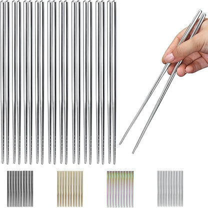 10 Pairs Reusable Chopsticks, Stainless Steel Metal Chop Sticks, Japanese Chinese Korean Chopstick Dishwasher Safe, 8.9 Inch (Silver / Chop sticks)