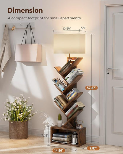 6 Tier Tree Bookshelf with Light, Small Bookcase Tower for Books/CDs/Movies, Sturdy Tall Floor Standing Book Organizer with Storage Cabinet for Living Room, Bedroom and Home Office