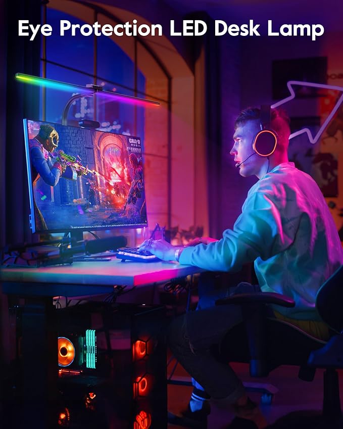 Brightown LED Desk Lamp with Clamp for Home Office, Double Head Color Changing Desk Lights with Remote, 24W Ultra Bright Multicolor Table Lamp with Rotatable Swing Arms for Gaming Computer, RGB Mode