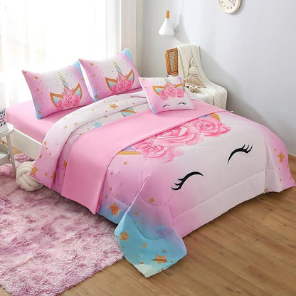 JQinHome Unicorn Twin Bedding Sets for Girls Kids,6 Piece Bed in A Bag 3D Colorful Flower Girl Unicorn Comforter Set with Sheet Set