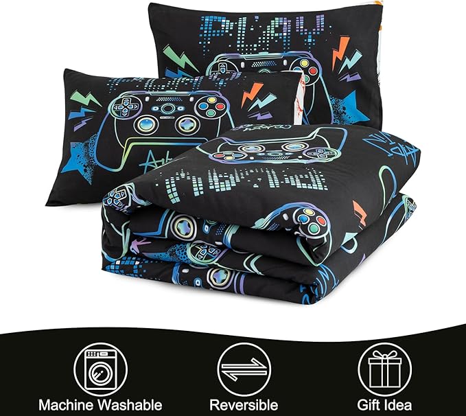 Meeting Story Gamer Gaming Bedding Sets Fluorescence Gamepad Comforter Set for Boys Games Console Action Buttons Novelty Colorful Modern Room Decor Home Quilt Set (Black, Twin)