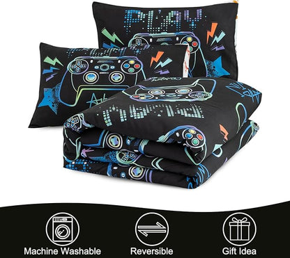Meeting Story Gamer Gaming Bedding Sets Fluorescence Gamepad Comforter Set for Boys Games Console Action Buttons Novelty Colorful Modern Room Decor Home Quilt Set (Black, Full)