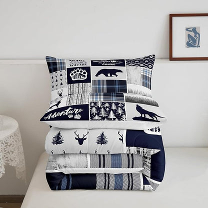 Deer Bear Kids Comforter Set Queen Size,Wolf Hunting Adventure Rustic Bedding Set for Boys Girls Adults Room Decor,Geometric Plaids Patchwork Down Comforter,Blue Xmas Duvet Insert,2 Pillowcases