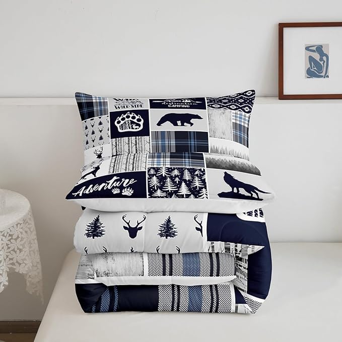 Manfei Deer Bear Kids Comforter Set Twin Size,Wolf Hunting Adventure Rustic Bedding Set for Boys Girls Adults Room Decor,Geometric Plaids Patchwork Down Comforter,Blue Xmas Duvet Insert,1 Pillowcase
