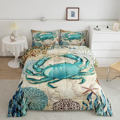 Sea Beach Theme Comforter Set Kids Beach Crabs Print Full Bedding 3D Sea Animal Crab Luxury Microfiber Quilted Duvet Set with 2 Pillowcases,Soft Lightweight Marine Life Decorative Bedding Soft Fluffy