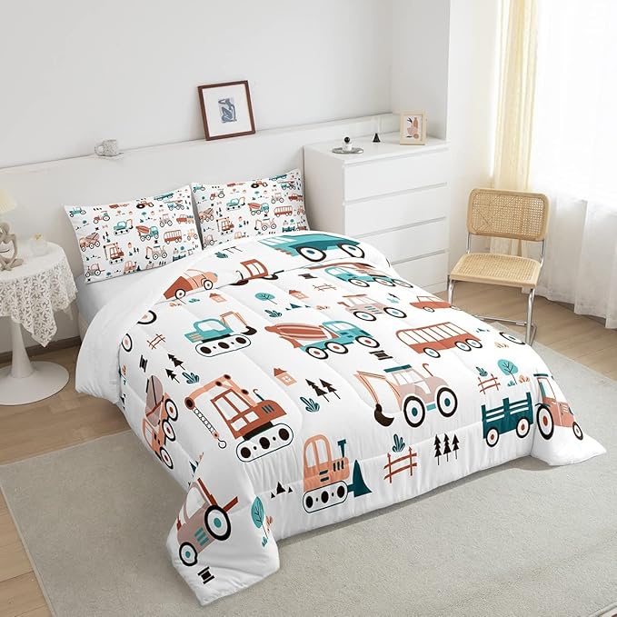 Feelyou Boys Cartoon Car Comforter Set, Kids Construction Cars Trucks Comforter for Children Cartoon Botanical Truck Bedding Set Cute Cars Quilt Set with 1 Pillowcase 2Pcs Bedding Twin