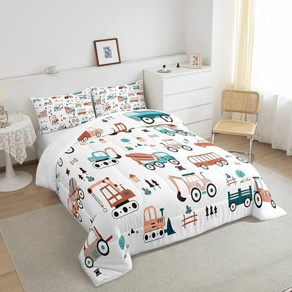 Boys Cartoon Car Comforter Set, Kids Construction Cars Trucks Comforter for Cartoon Botanical Truck Bedding Set Cute Cars Quilt with 2 Pillowcases 3Pcs Bedding Full Boys