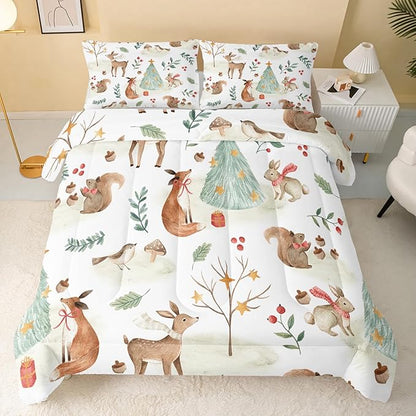 Wild Animal Comforter Queen Size,Rabbit Deer Comforter Set for Kids Teens Girls Boys,3Pcs Bedding Set Printed Comforter with 2 Pillowcases,Down Alternative,Soft and Lightweight，Queen Size