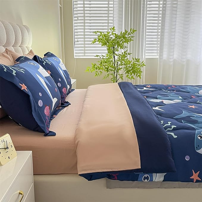 Boys Sharks Comforter Set Full Size 7 Piece Cute Ocean Animal Jellyfish 3D Printed Bedding Set Bed in A Bag for Kids Girls Teens Lightweight Soft Bed Set All Seasons Navy Blue