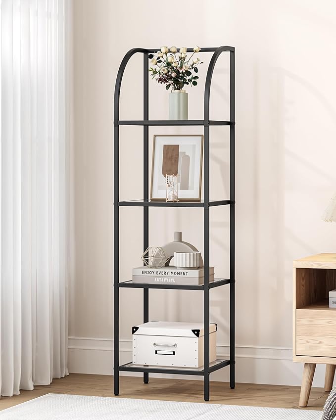 Bookcase Bookshelf, Tempered Glass Arched Bookshelf for More Storage, Slim Shelving Unit for Bedroom, Bathroom, Home Office, Steel Frame, 4 Tier Black BC20499B