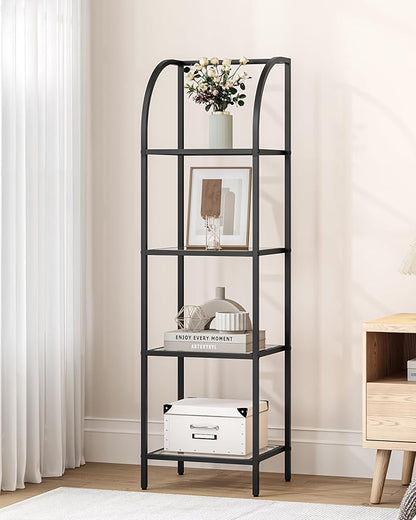 Bookcase Bookshelf, Tempered Glass Arched Bookshelf for More Storage, Slim Shelving Unit for Bedroom, Bathroom, Home Office, Steel Frame, 4 Tier Black BC20499B