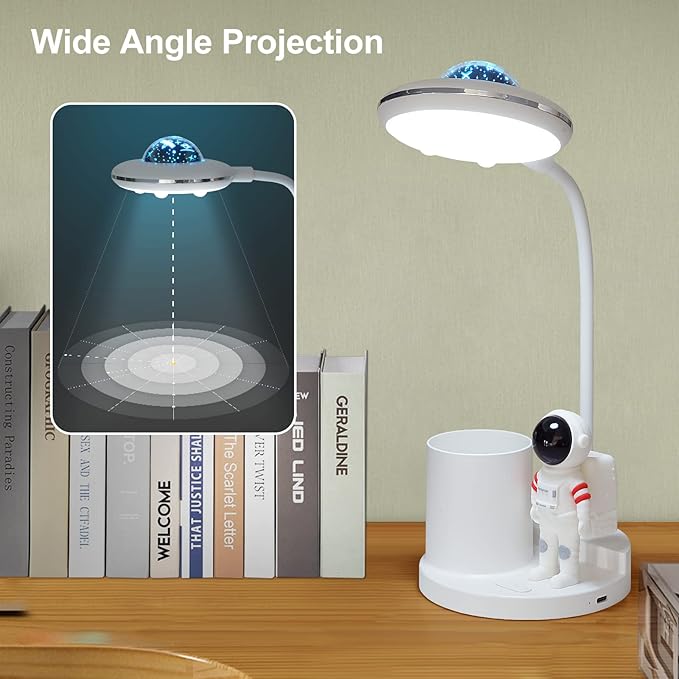 LED Desk Lamp for Kids, Astronaut cute Small Desk Lamp with USB Charging Port, Pen Holder, projection night lights for kids, White desk Lamp, Eye-Caring Study Table Lamp for boys Bedroom