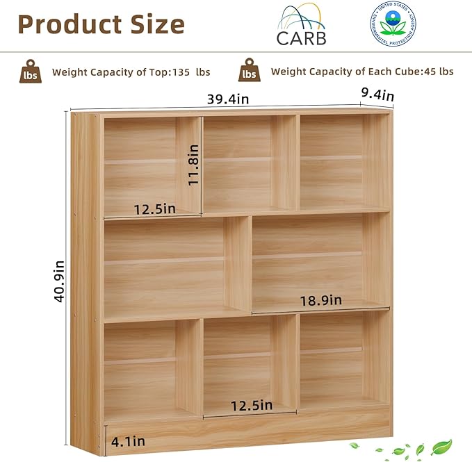 LEYAOYAO 8 Cube Bookshelf with Base,3 Tier Mid-Century Modern Natural Bookcase,Standing Wide Bookshelves Storage Organizer Shelf,Rustic Wood Display Cabinet Book Shelves for Bedroom,Living Room,Office