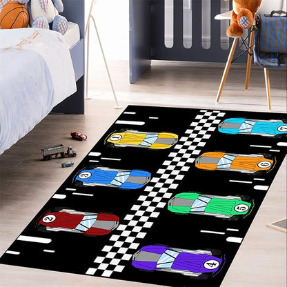 Race Car Rug Kids Play Area Rugs Race Car Track Rug Kids Rug with Roads and Tracks Car Track Carpet Car Rug for Boys Room Race Car Room Decor for Boys,Black 4'5''×6'