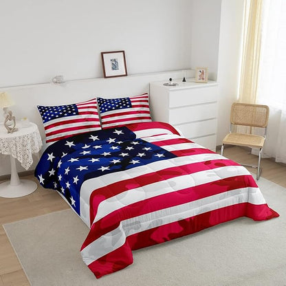 Feelyou American Flag Bedding Set Camouflage USA Flag Comforter Set Army Camo Flag Comforter Blue Red and White Stars Down Alternative Comforter for All Season Room Decor Queen Size