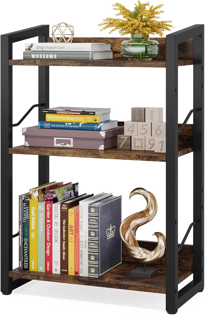 Book Shelf Small Bookshelf: 3-Tier Wood Bookcase Industrial Bookshelf with Edge Protection Metal Narrow Bookshelves Storage Organizer Display Rack for Bedroom Home Office (Rustic Brown)