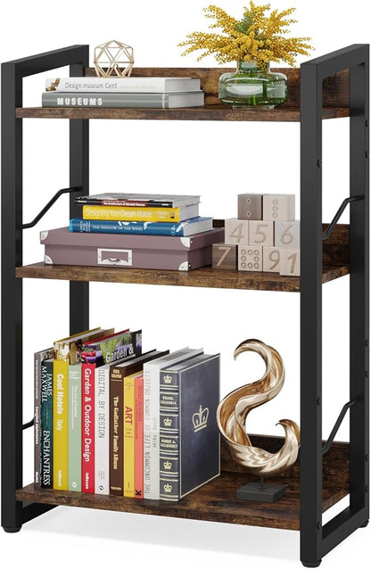 Book Shelf Small Bookshelf: 3-Tier Wood Bookcase Industrial Bookshelf with Edge Protection Metal Narrow Bookshelves Storage Organizer Display Rack for Bedroom Home Office (Rustic Brown)