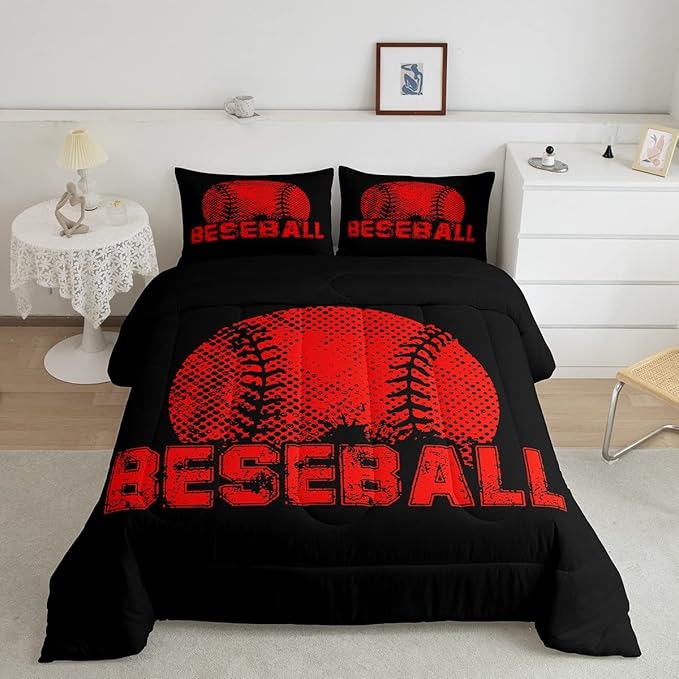 Erosebridal Kids Baseball King Size Bedding Set Red Black Sports Comforter Set for Boys Girls Teen,Reversible Black Quilt Comforter Soft Lightweight for All Season,1 Comforter and 2 Pillow Cases