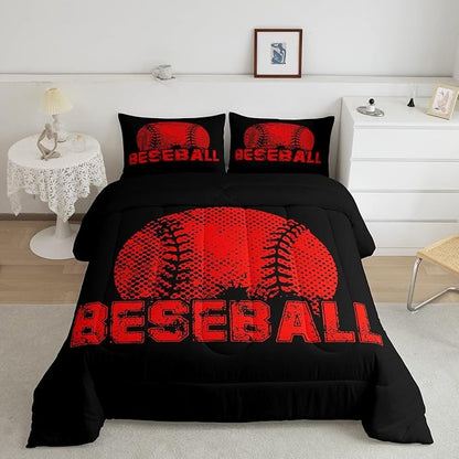 Erosebridal Kids Baseball Full Size Bedding Set Red Black Sports Comforter Set for Boys Girls Teen,Reversible Black Quilt Comforter Soft Lightweight for All Season,1 Comforter and 2 Pillow Cases