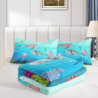Turtle Comforter Set Full Ocean Watercolor Sea Turtle Bedding Set Tropical Fish Marine Life Bed Set with 2 Pillowcases for Kids Room Decor