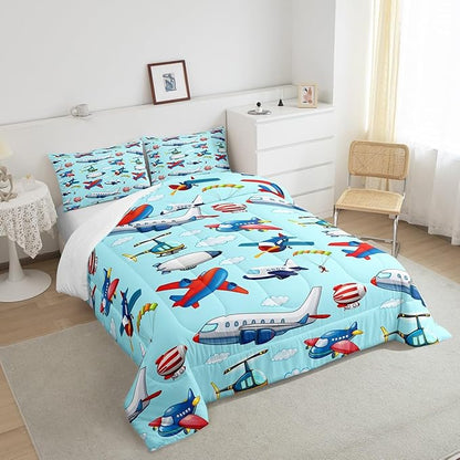Kids Aircraft Comforter Set Boys Cartoon Airplane Print Comforter Helicopter Flying Plane Bedding Set for Children Girls Travel Decor Duvet Set Cute Colorful Planes Room Decor Full Size Quilt Set