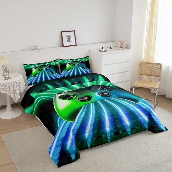 Erosebridal Green Blue Gamepad Comforter Set, Game Player Bedding Set Full Size Modern Gamer Gaming Quilted Duvet Neon Trippy Duvet Set for Kids Boys Girls Teens Young Man Room Decorative