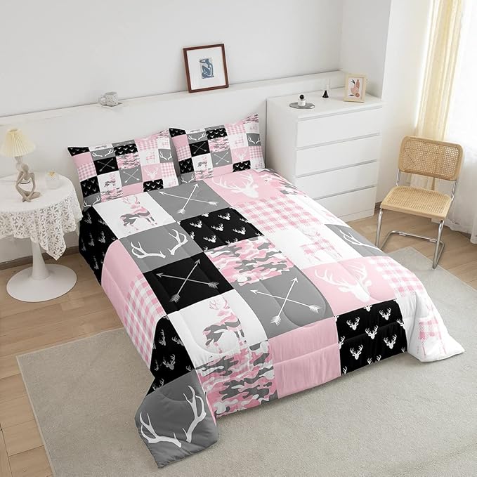 Pink Camo Deer Silhouette Kids Comforter Set King Size,Rustic Farmhouse Animals Hunting Bedding 3pcs for Boys Girls Room Decor,Antlers Boho Arrow Geometric Plaids Patchwork Duvet Insert,2 Pillowcases