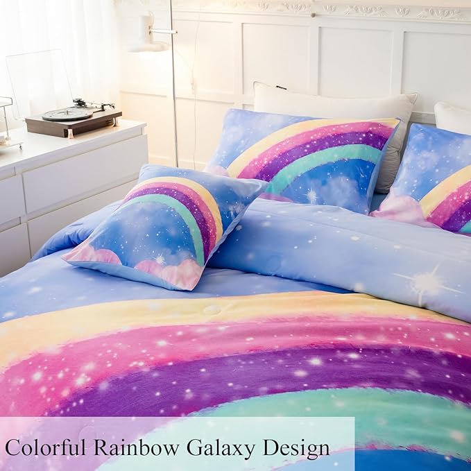 Aqua Blue Full Size Kids Comforter Sets for Girls, 6Pcs Colorful Rainbow Gradient Bedding Set, 3D Glitter Galaxy Bed in A Bag with Comforter, Sheets and Pillowcases for Teens
