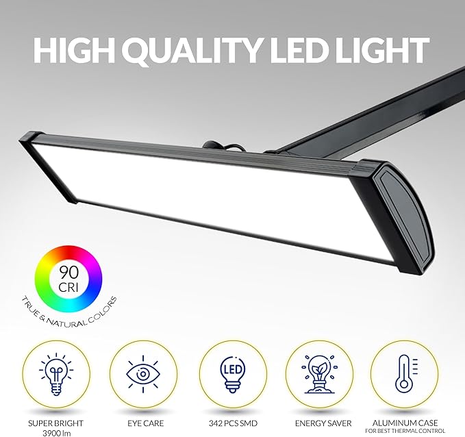 Ultra Bright 3900 Lumens Powerful Professional Eye Care LED Desk Lamp, Brightness Adjustable, Task Light for Home, Beauty, Crafting, Office, Workbench (Daylight, Dimmable, Black)