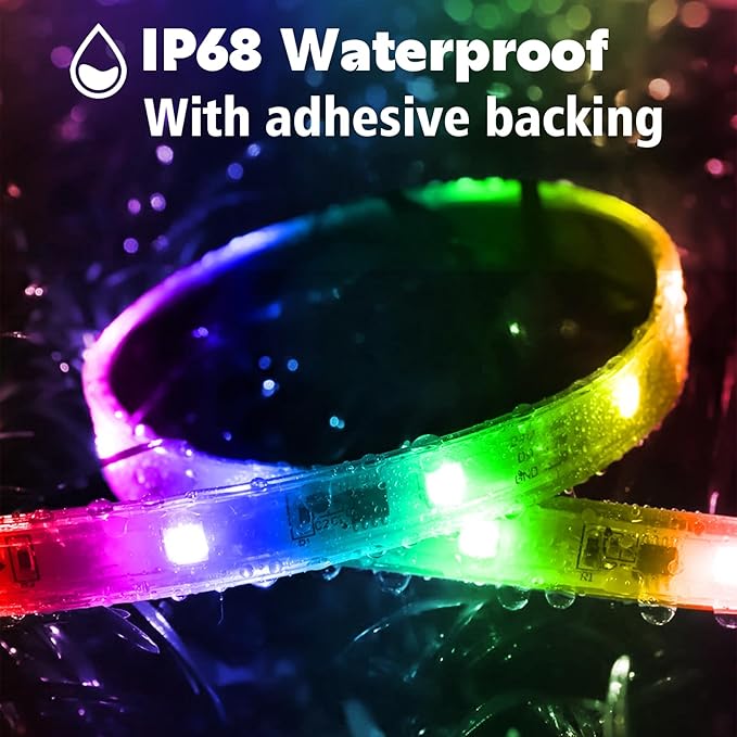 200ft Outdoor LED Strip Lights Waterproof 1 Roll,IP68 Outside Led Light Strips with App and Remote,Music Sync RGB Exterior Rope Self Adhesive Back for Deck,Balcony,Pool