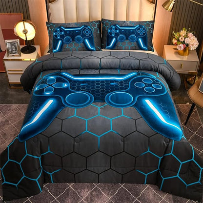 NTBED Game Console Comforter Set for Boys Girls Kids 3D Gaming Geometric Lightweight Microfiber Bedding Sets (Blue, Twin)