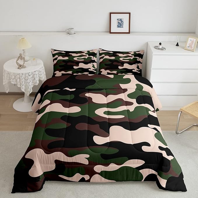Feelyou Full Size Camouflage Comforter Set 3Pcs Kids Bedding Set for Boys Girls Teens 1 Comforter & 2 Pillowcases(Full,Army Green)