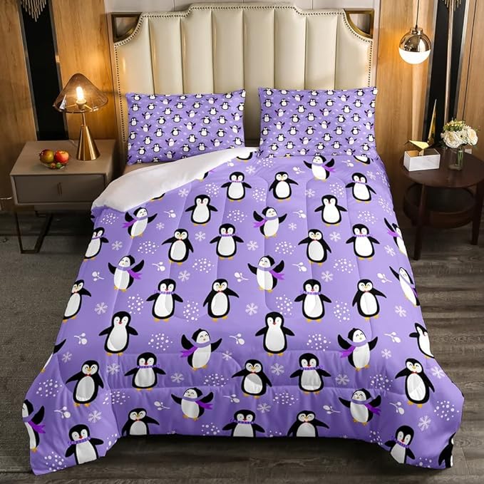 Penguin Comforter Set Full Size Kawaii Penguin Down Comforter Antarctic Animal Bedding Set for Kids Boys Girls Teens Cartoon Cute Winter Quilt Set Snowflake Pattern Duvet Set Room Decor, Purple