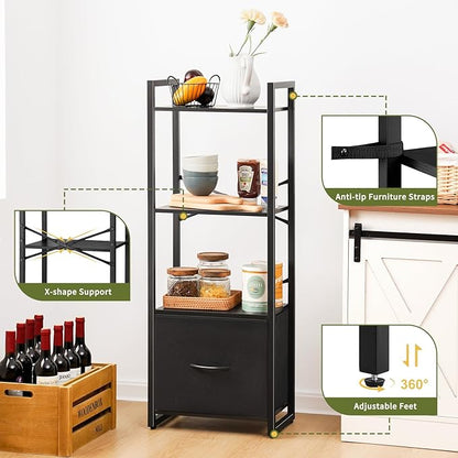 Yoobure Bookshelf, 4 Tier Book Shelf with Drawer, Small Bookcase Narrow Book Case, Industrial Bookshelves Shelf for Bedroom Living Room Office, Book Storage Organizer for CD/Movie Black
