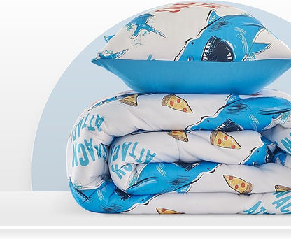 SLEEP ZONE Jersey Knit 2-Piece Twin Size Comforter Set, Blue Shark Design for Boys, Skin-Friendly and Breathable, Super Soft, Durable, Comfortable Kids Bedding Set（Sharks, Twin）