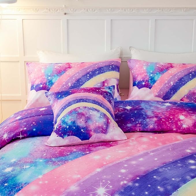 6Pcs Teen Pink Bedding Set Full for Girls, 3D Tie Dye Comforter Pink Colorful Rainbow Kids Comforter Set, Ultra Soft Pastle Nebula Printed Bed in A Bag with Sheets